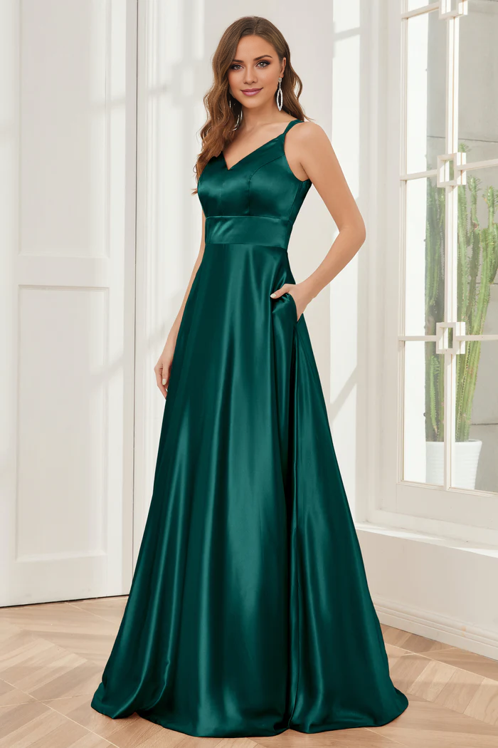 Thin shoulder strap V-neck soft satin and floor length bridesmaid dress