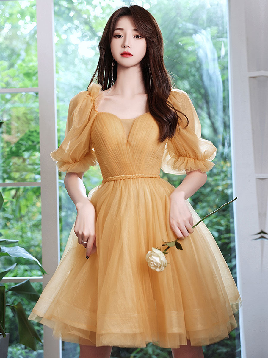 Yellow tulle short prom dress, yellow homecoming dress