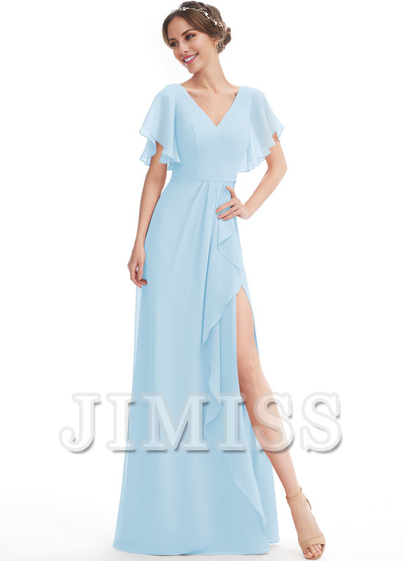 Ruffled A-line V-neck Floor-length Chiffon Bridesmaids Dress