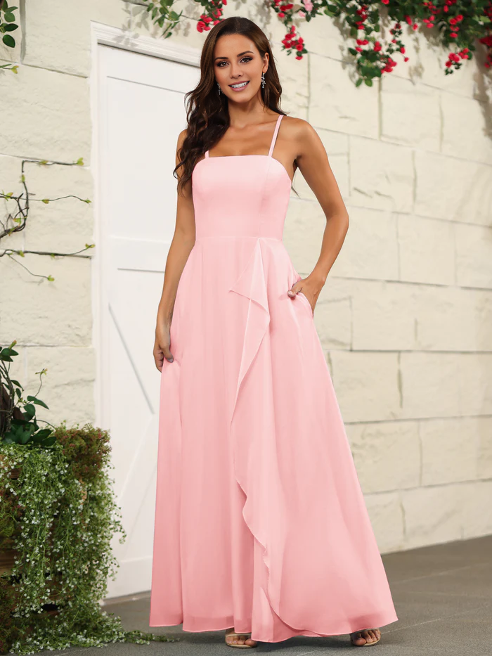 Beautiful chiffon thin shoulder strap and floor length bridesmaid dress