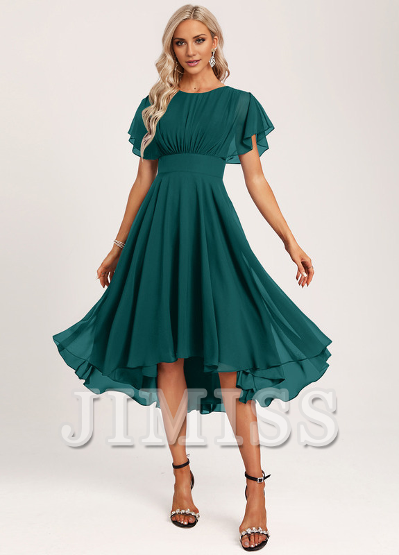 Ruffled A-line Spoon Asymmetric Chiffon Bridesmaids Dress