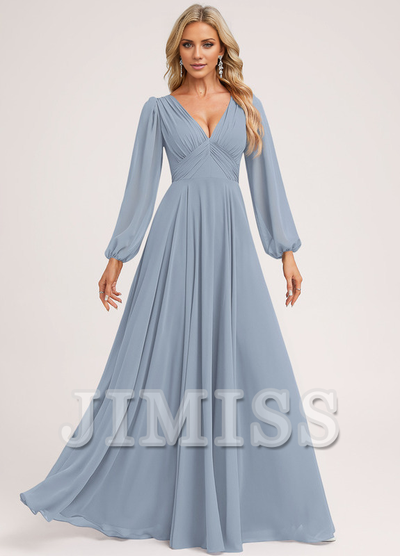 A-line V-neck floor-length chiffon bridesmaid dress
