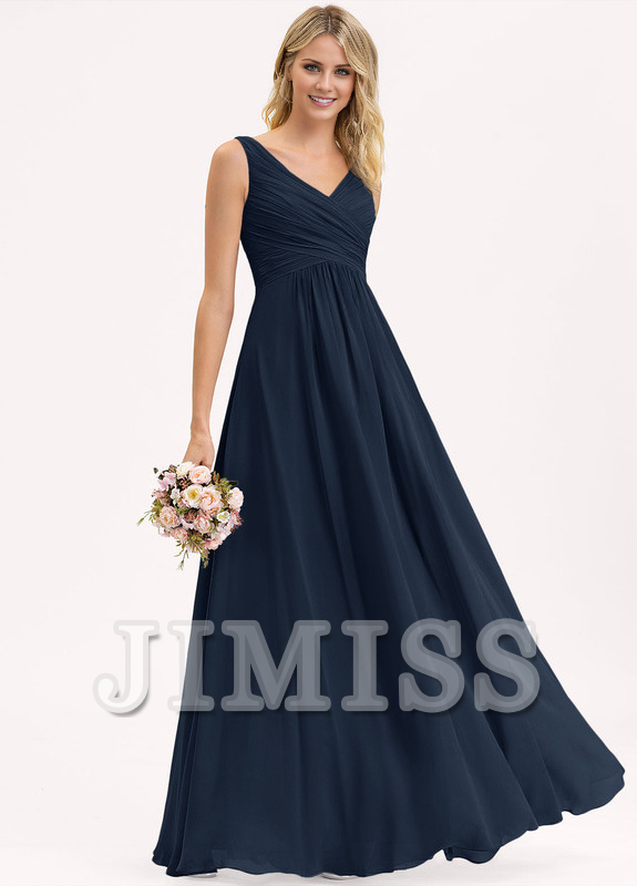 A-line V-neck floor-length chiffon pleated bridesmaid dress