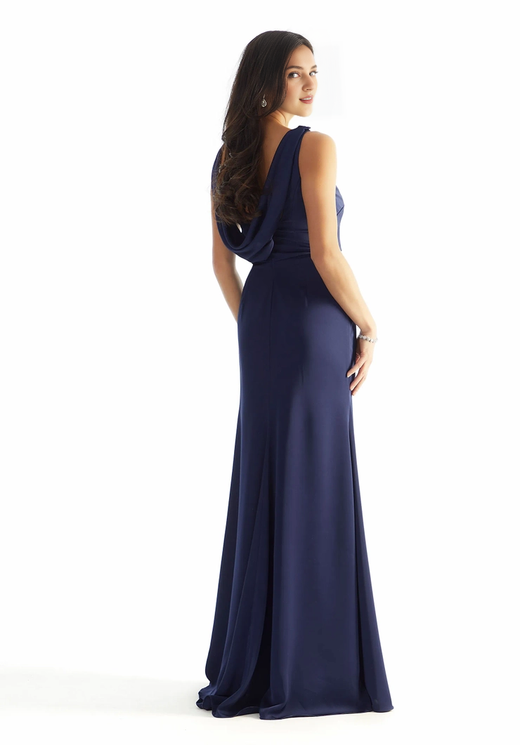 Thin shoulder strap round neck exposed back hooded satin and floor length dress