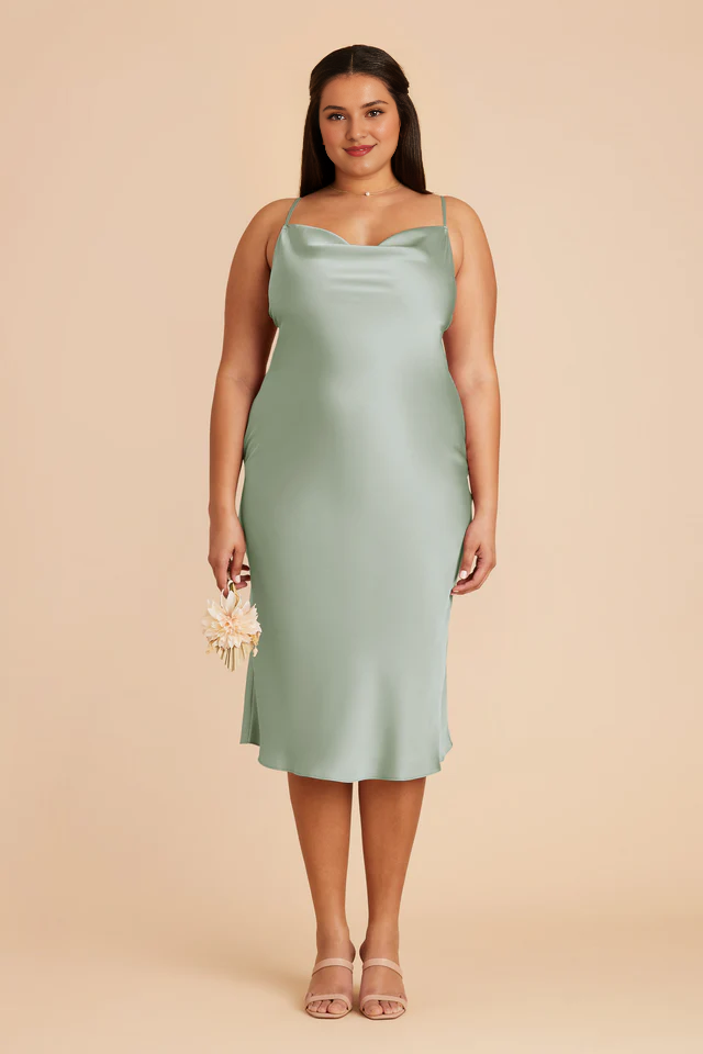 Fully lined pleated neckline mid length side zipper bridesmaid dress