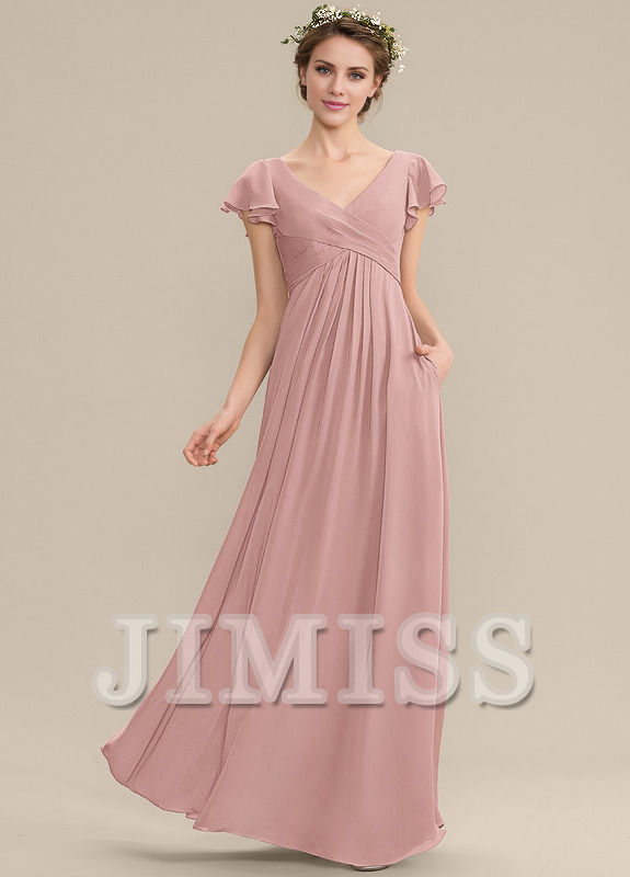 Tiered Ruffle A-Line V-Neck Floor-Length Chiffon Bridesmaids Dress