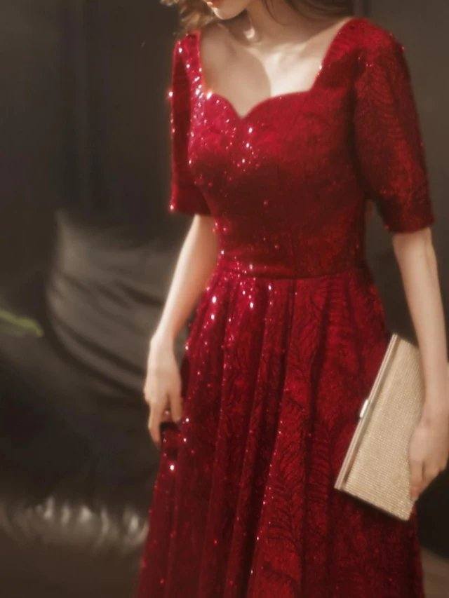 A-Line Glittering Minimalist Wedding Guest Formal Evening Dress Scoop Neck Short Sleeve Floor Length Sequined with Pleats Sequin - RongMoon