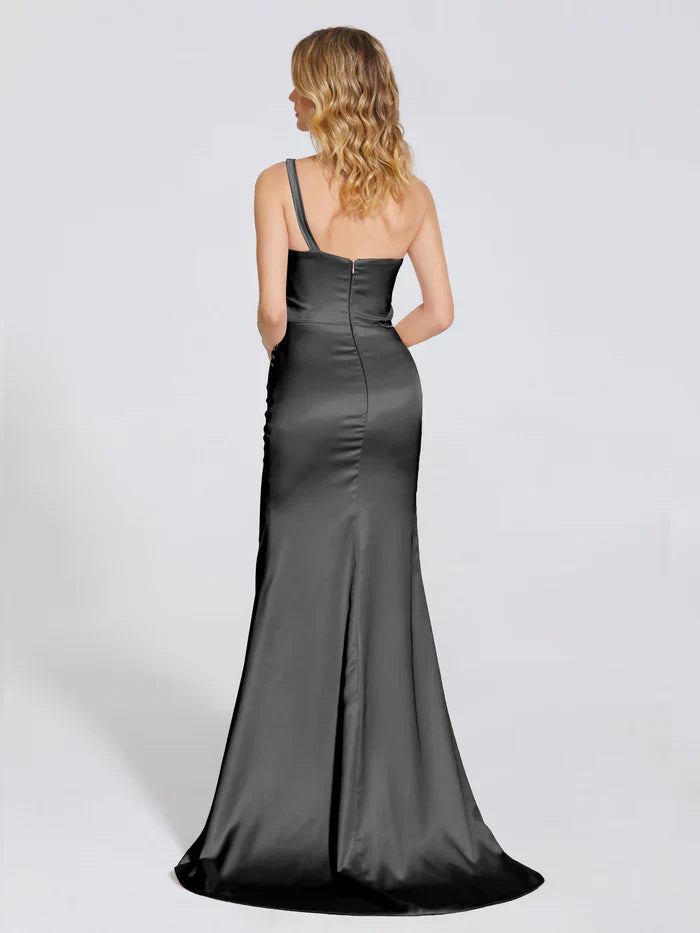 Shoulder strap horn soft satin and floor length bridesmaid dress