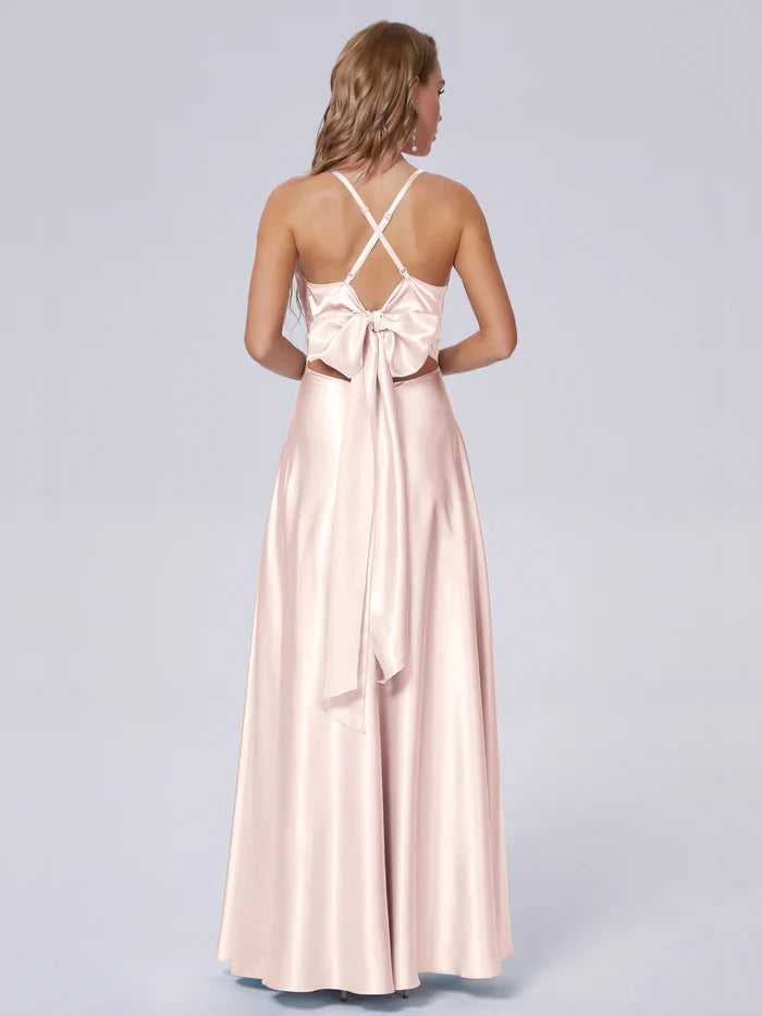 Elegant shoulder strap soft satin and floor length bridesmaid dress