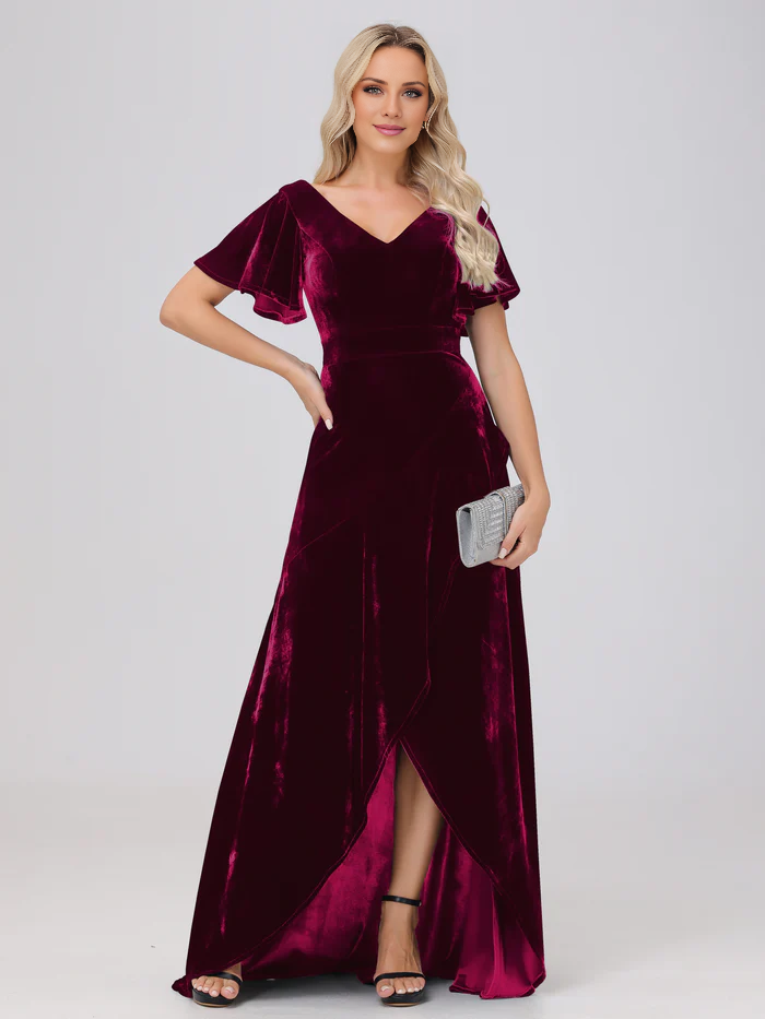 V-neck short sleeved ruffled velvet and floor length bridesmaid dress