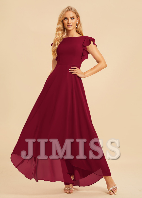 Ruffled A-line Scoop Asymmetric Chiffon Bridesmaids Dress