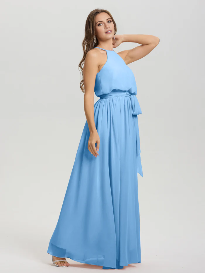 Hanging neck low round neck sleeveless chiffon and floor length Bridesmaid dresses
