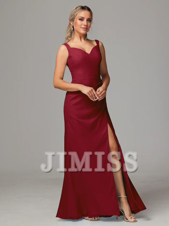 V-neck slit sleeveless off shoulder chiffon bridesmaid dress