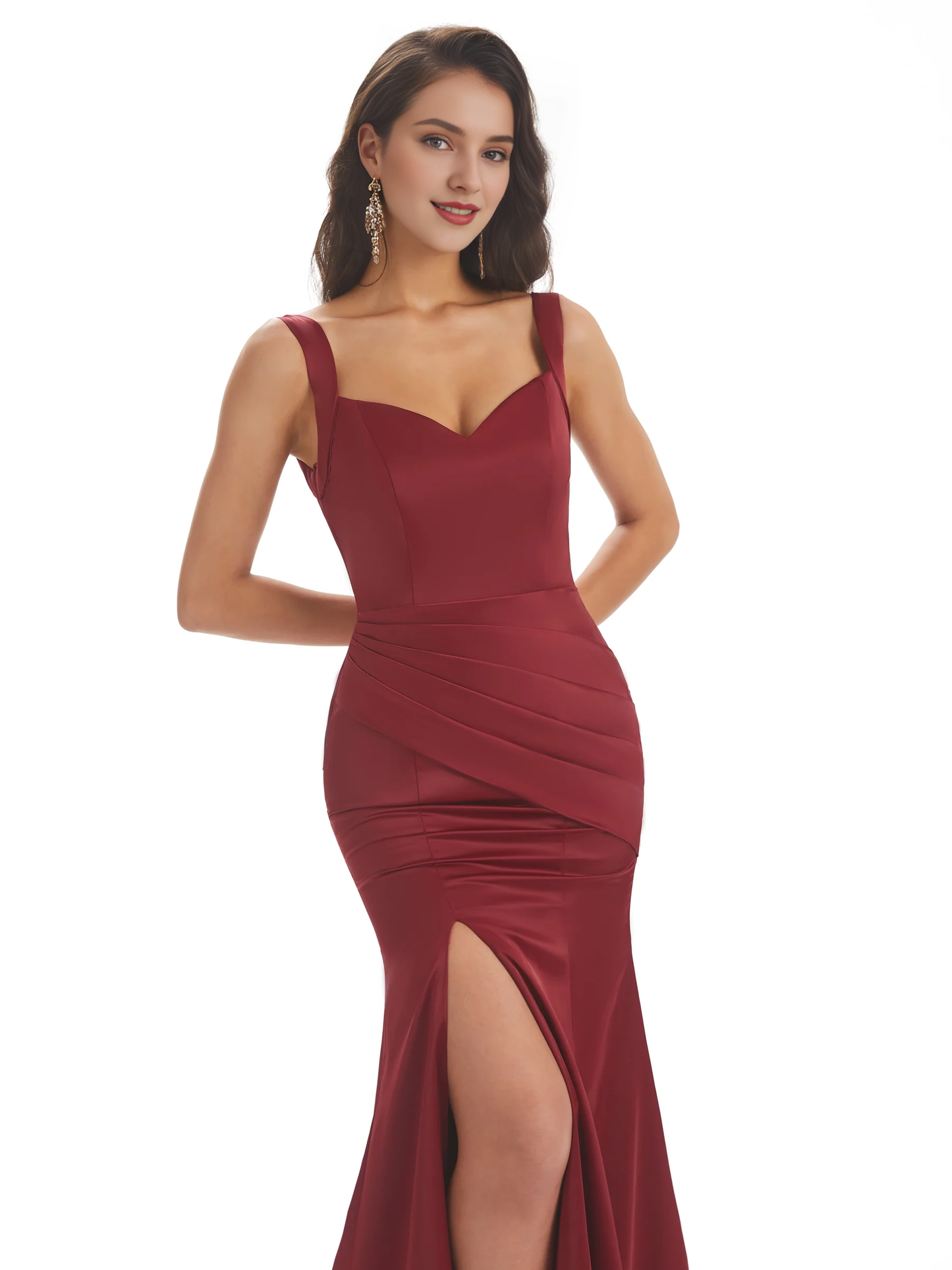 Sexy and soft satin side slit shoulder strap square and floor length fishtail bridesmaid dress