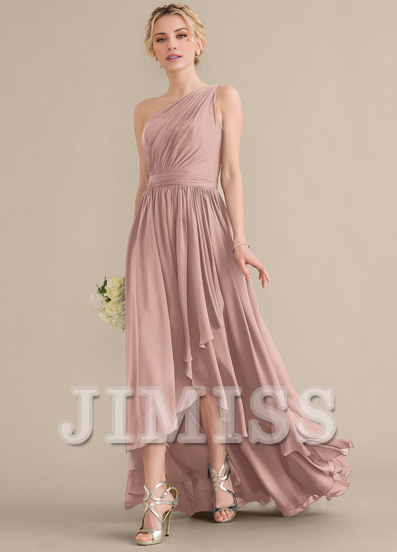 Tiered Ruffle A-Line One Shoulder Asymmetric Chiffon Bridesmaids Gown