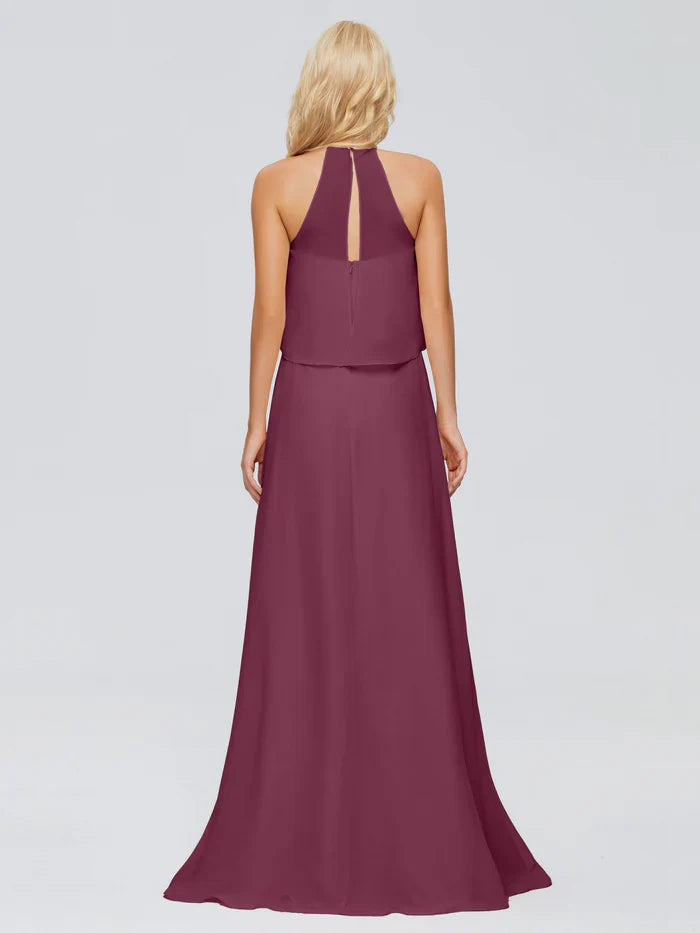 Post neck chiffon and floor length bridesmaid dress