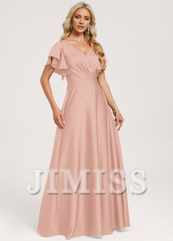 Ruffled A-line V-neck Floor-length Satin Bridesmaids Dress