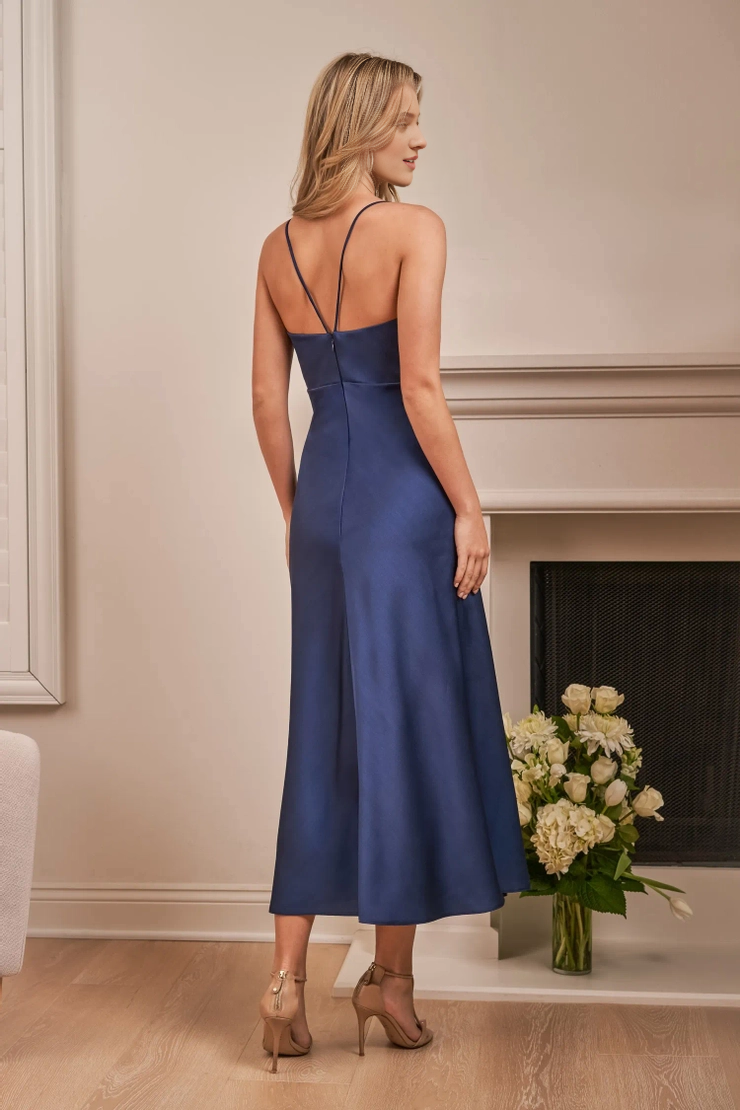 Crepe back slim fit trumpet shaped thin shoulder strap V-neck medium length bridesmaid dress