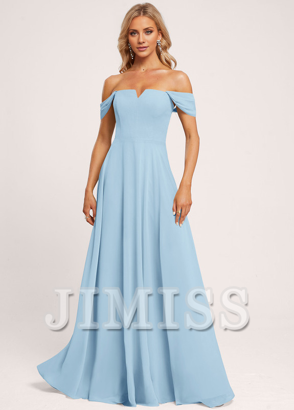 A-line off-the-shoulder square floor-length chiffon bridesmaid dress