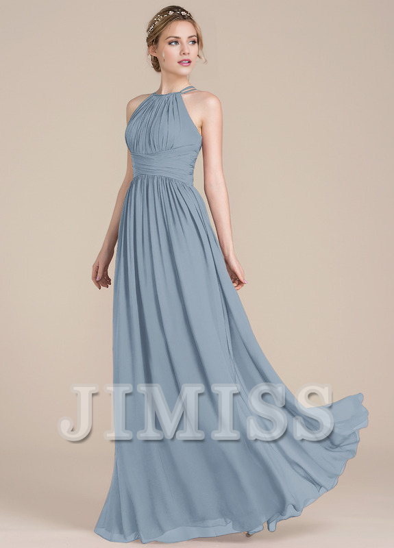Lotus leaf A-line low round neck chiffon bridesmaid dress