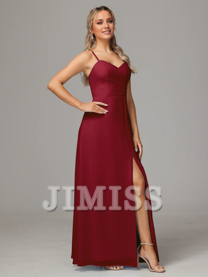 Thin shoulder strap sweetheart chiffon side slit bridesmaid dress