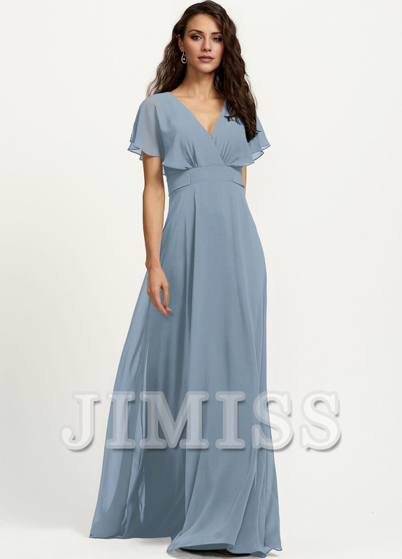 A-line V-neck floor-length chiffon bridesmaid dress