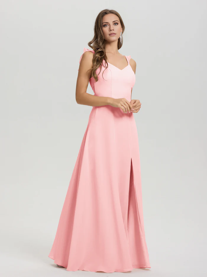 V-neck shoulder strap tied chiffon slit and floor length bridesmaid dress