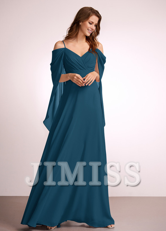A-line off-shoulder floor-length chiffon bridesmaid dress