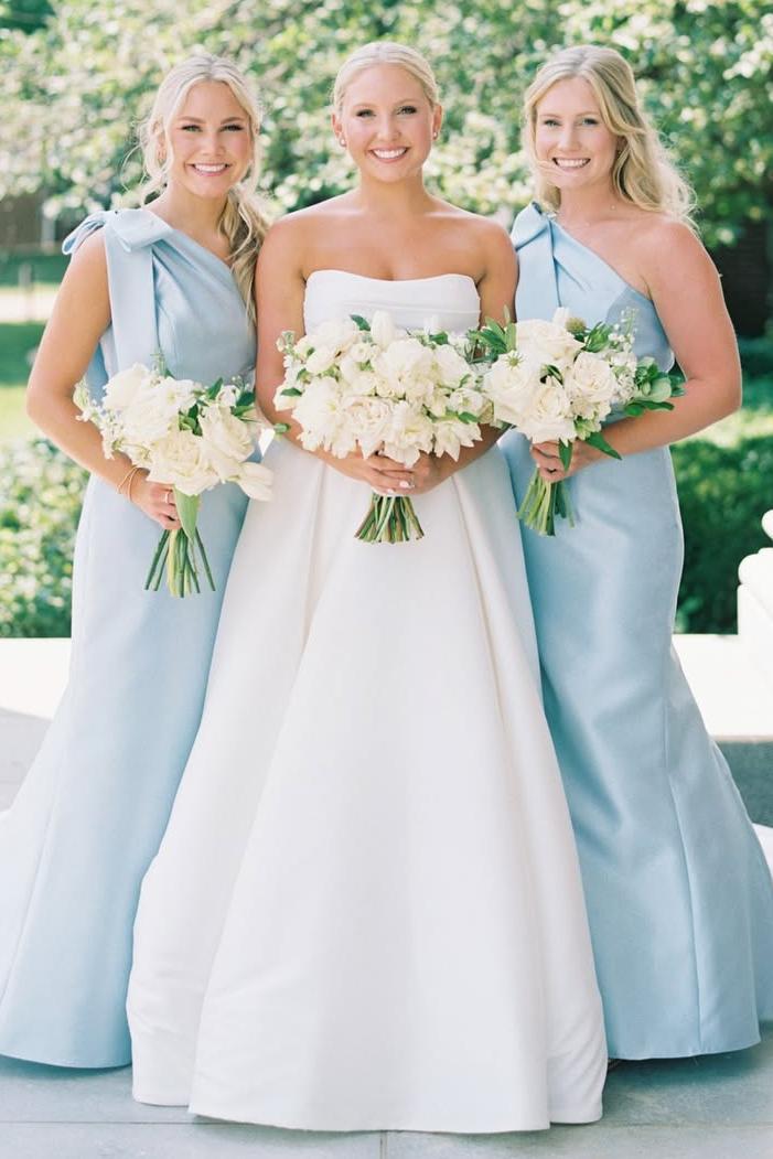 Black One Shoulder Satin Bridesmaid Dresses with Bow