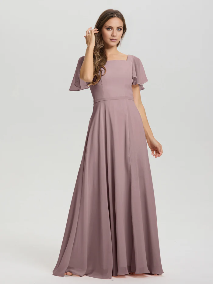 A-line square collar ruffled short sleeved and ground chiffon/ground length bridesmaid dress