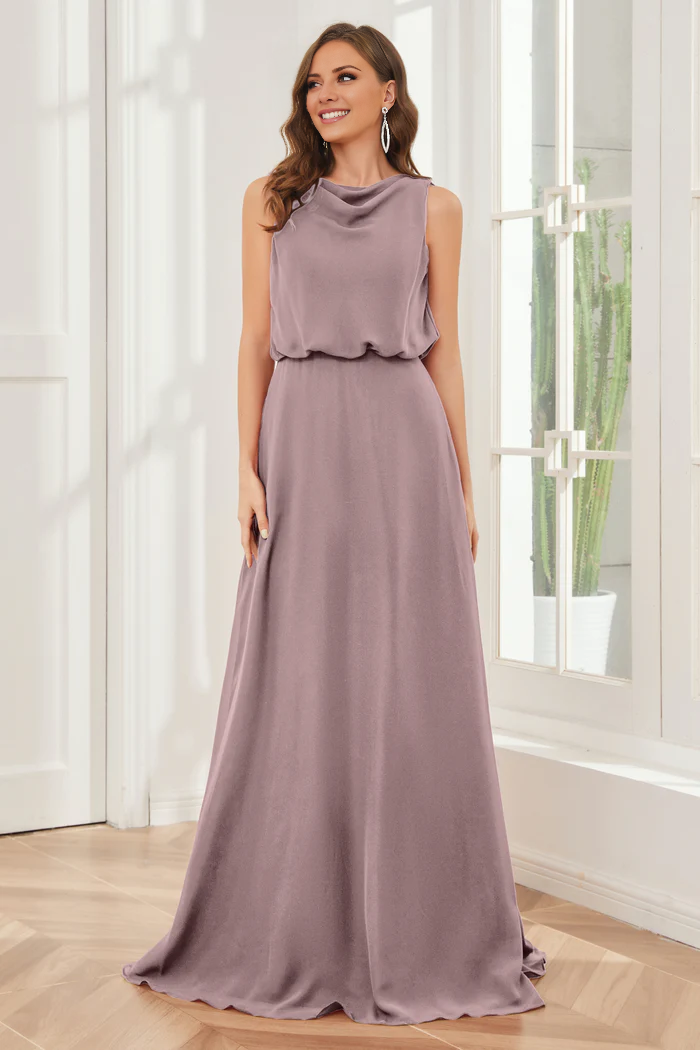Pillar style wind neck sleeveless chiffon and floor length bridesmaid dress