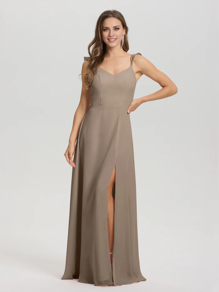 V-neck shoulder strap tied chiffon slit and floor length bridesmaid dress