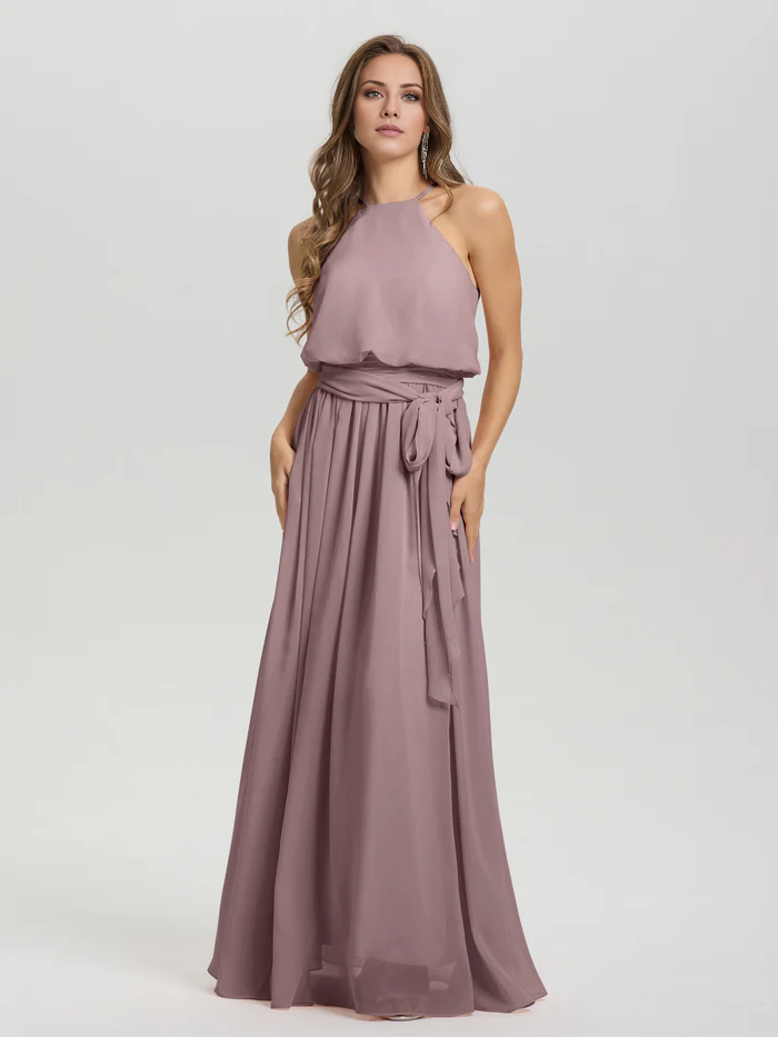 Hanging neck low round neck sleeveless chiffon and floor length Bridesmaid dresses