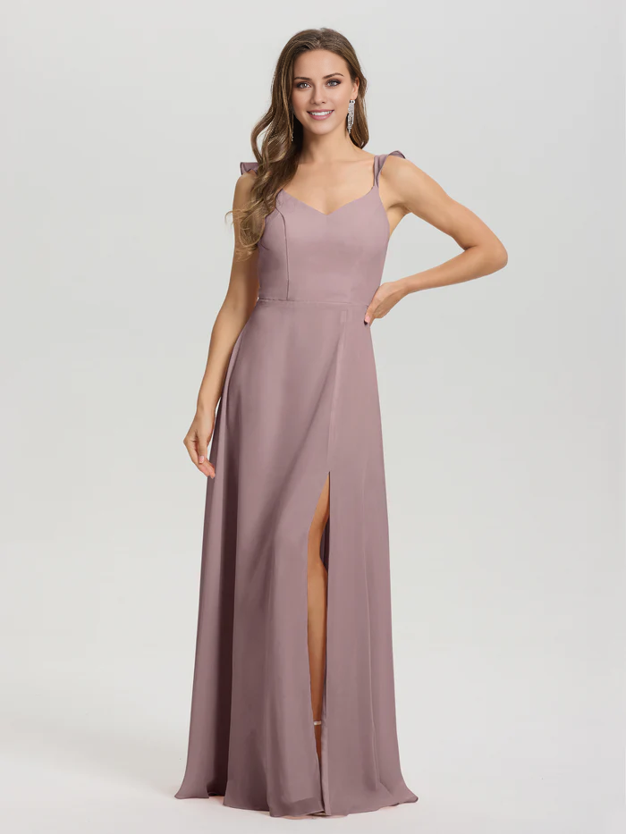 V-neck shoulder strap tied chiffon slit and floor length bridesmaid dress