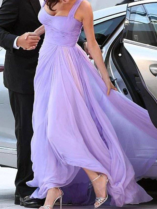 A-Line Celebrity Style Empire Engagement Prom Dress Square Neck Sleeveless Sweep / Brush Train Chiffon with Pleats - RongMoon