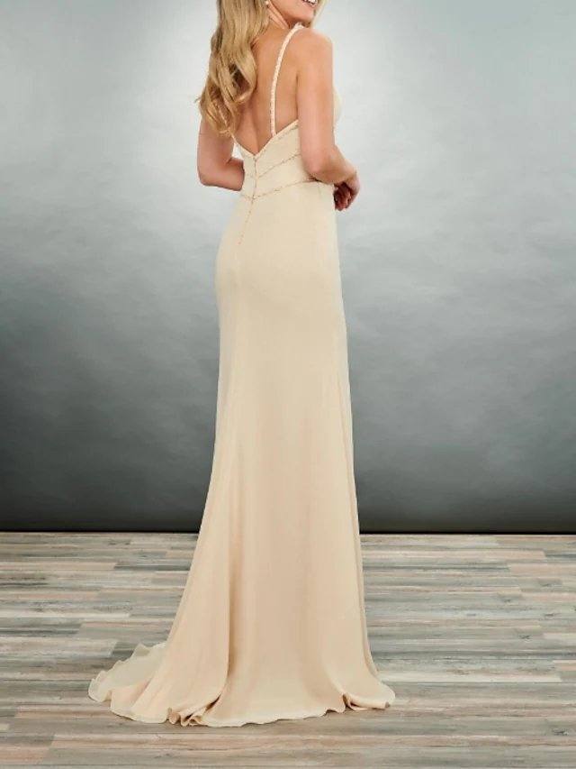Sheath / Column Mother of the Bride Dress Elegant V Neck Floor Length Chiffon Sleeveless with Tier Ruching - RongMoon