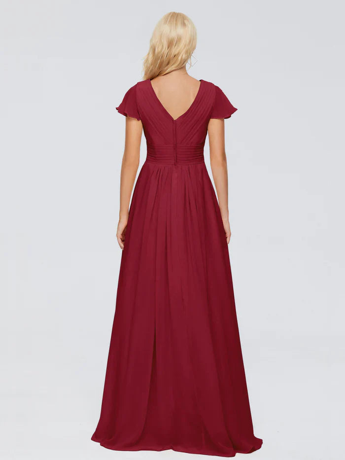 A-line V-neck chiffon and floor length bridesmaid dress