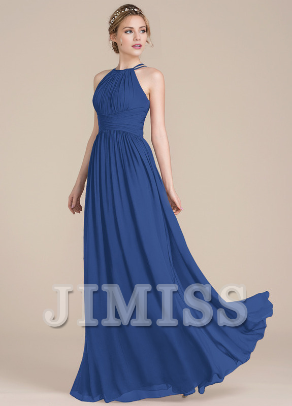Lotus leaf A-line low round neck chiffon bridesmaid dress