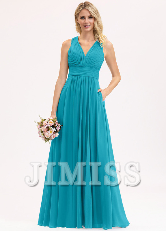 Bow Ruffle A-Line V-Neck Floor Length Chiffon Bridesmaids Dress