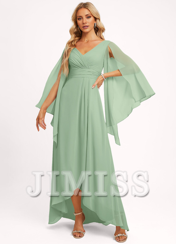 Ruffled A-line V-neck Asymmetric Chiffon Bridesmaids Dress