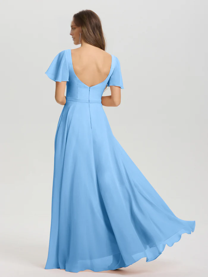 A-line square collar ruffled short sleeved and ground chiffon/ground length bridesmaid dress