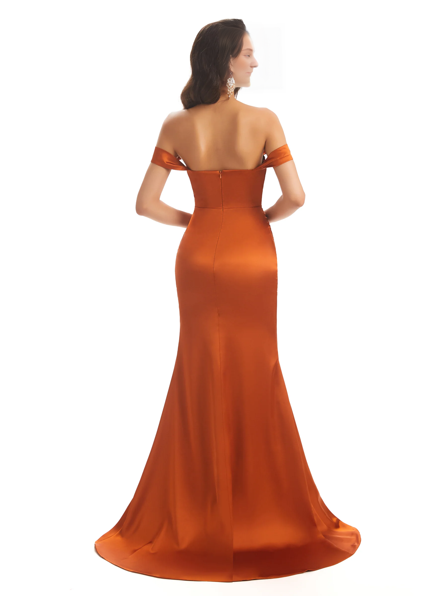 Sexy soft satin off shoulder side slit and floor length fishtail bridesmaid dress