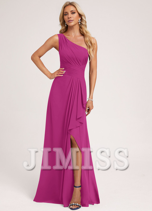 Ruffled A-line One Shoulder Floor Length Chiffon Bridesmaid Dress