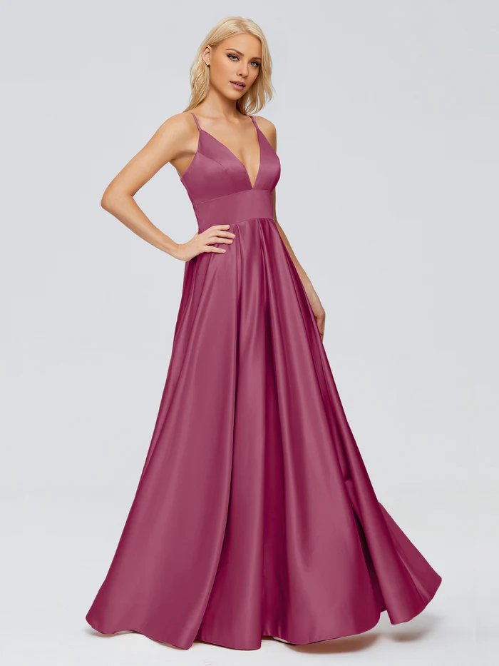V-neck thin shoulder strap satin and floor length bridesmaid dress