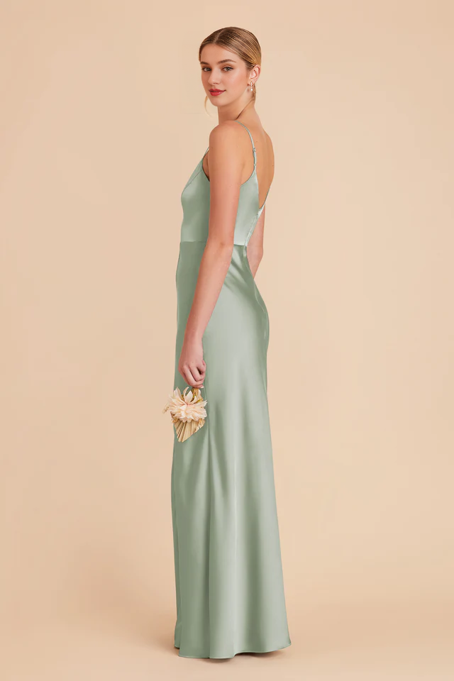 Thin shoulder strap V-neck satin full lining and floor length bridesmaid dress