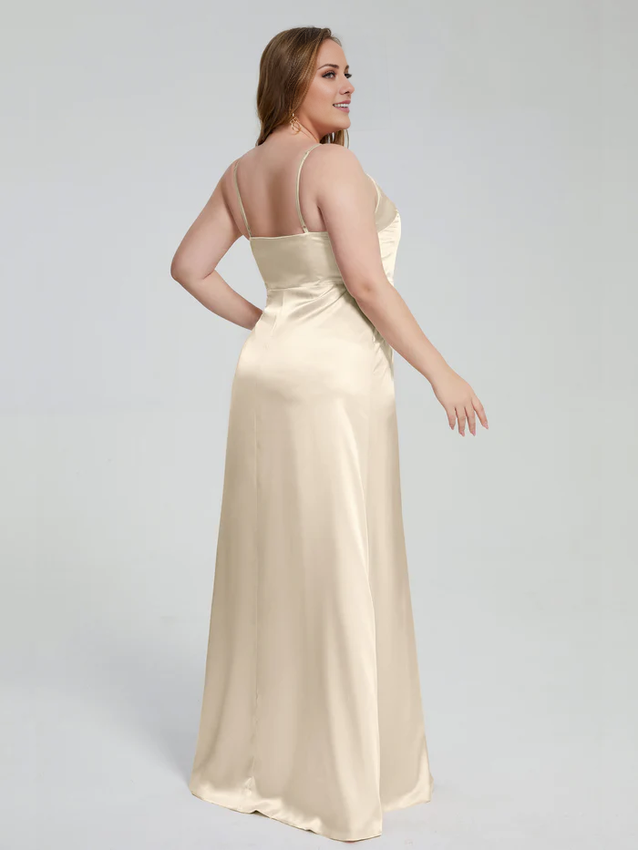Split plus size soft satin and floor length bridesmaid dress