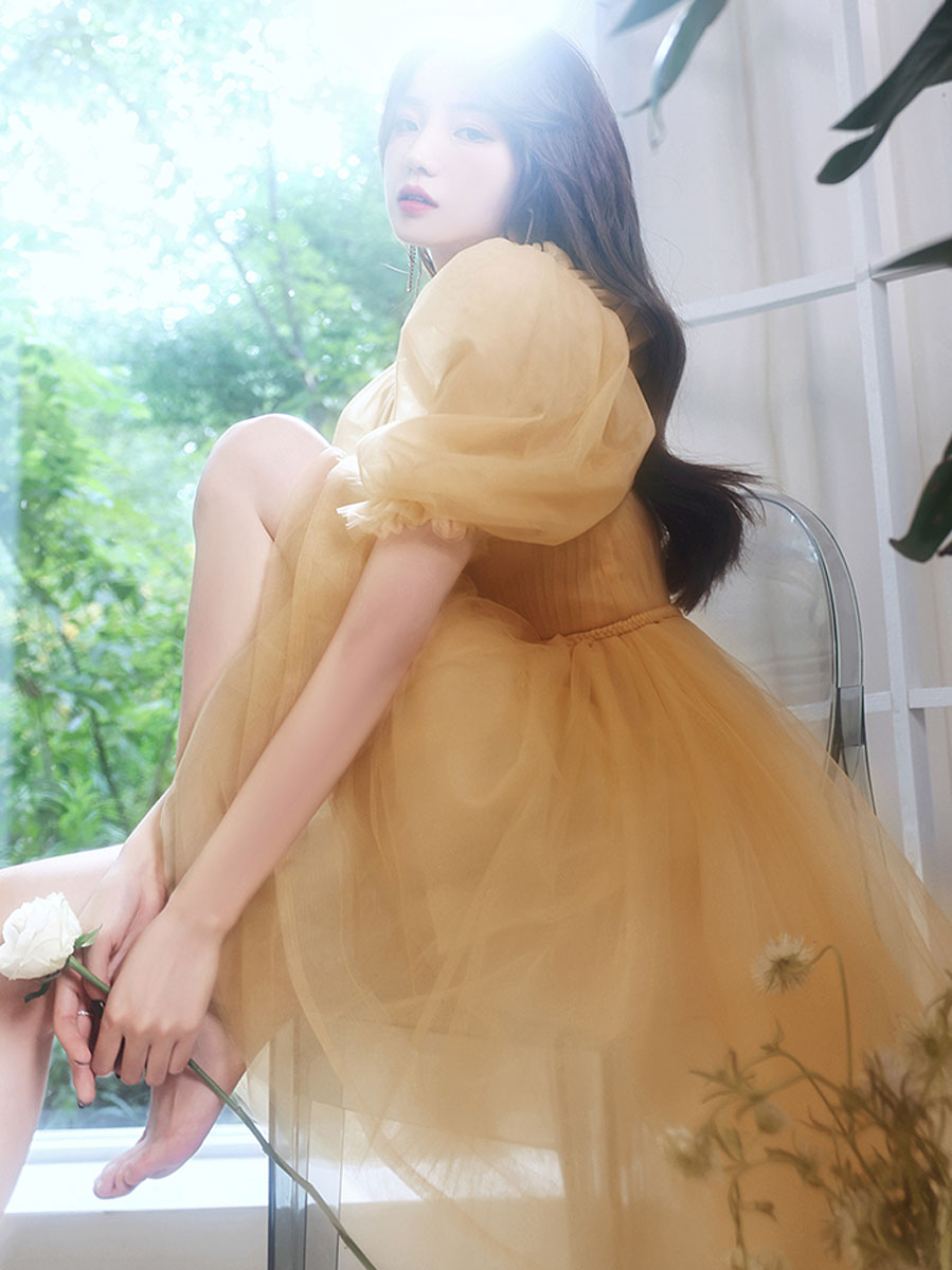 Yellow tulle short prom dress, yellow homecoming dress
