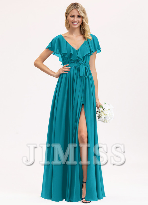 A-line V-neck floor-length chiffon bow tiered ruffle bridesmaid dress