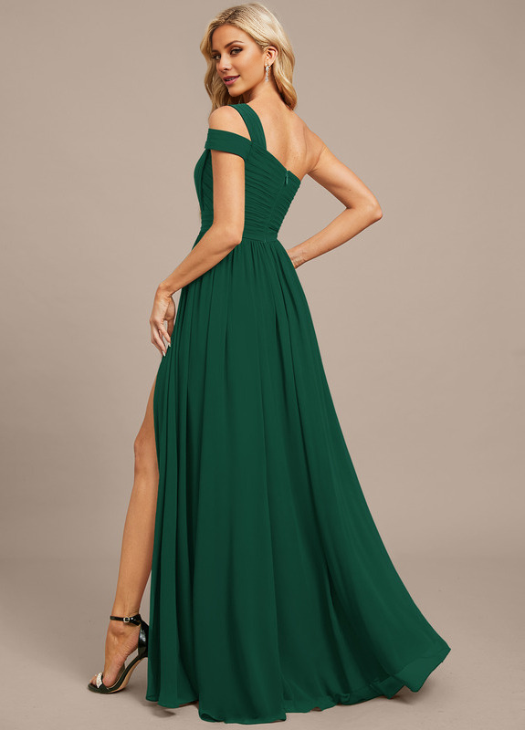 A-line off-the-shoulder one-shoulder floor-length chiffon pleated evening gown