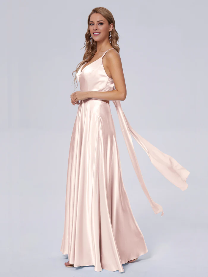 Elegant shoulder strap soft satin and floor length bridesmaid dress